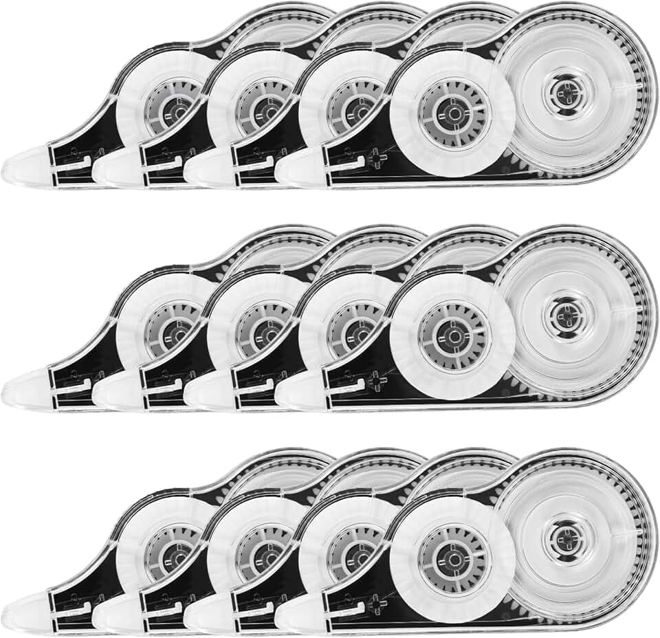 Yoosso 12 Pezzi Bianchetto a Nastro, 12m x 5 mm Correttore a Nastro Scolorina Nastro Correction Tape con Cappuccio Protettivo per Bambini Studenti Ufficio Scuola Casa (Nero)