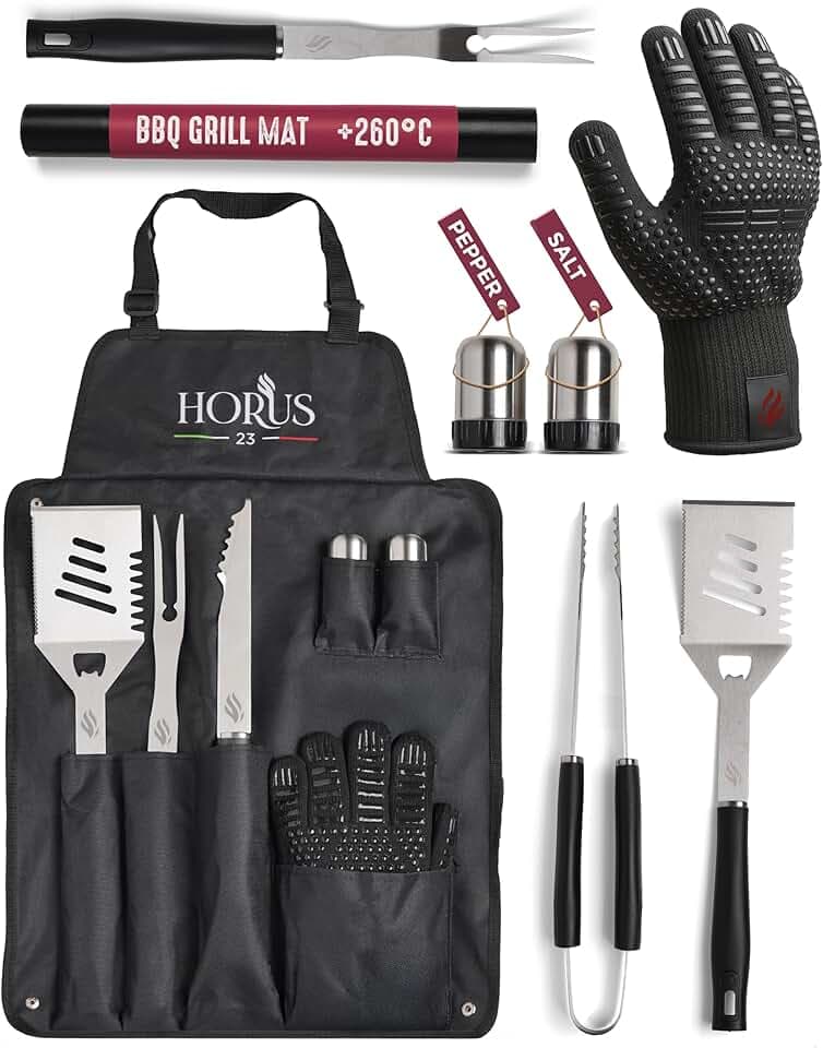 HORUS 23 - Set Barbecue con Guanto Ignifugo, Tappetino per Griglia e Grembiule in Oxford con Tasche, Accessori Barbecue in Acciaio Inox