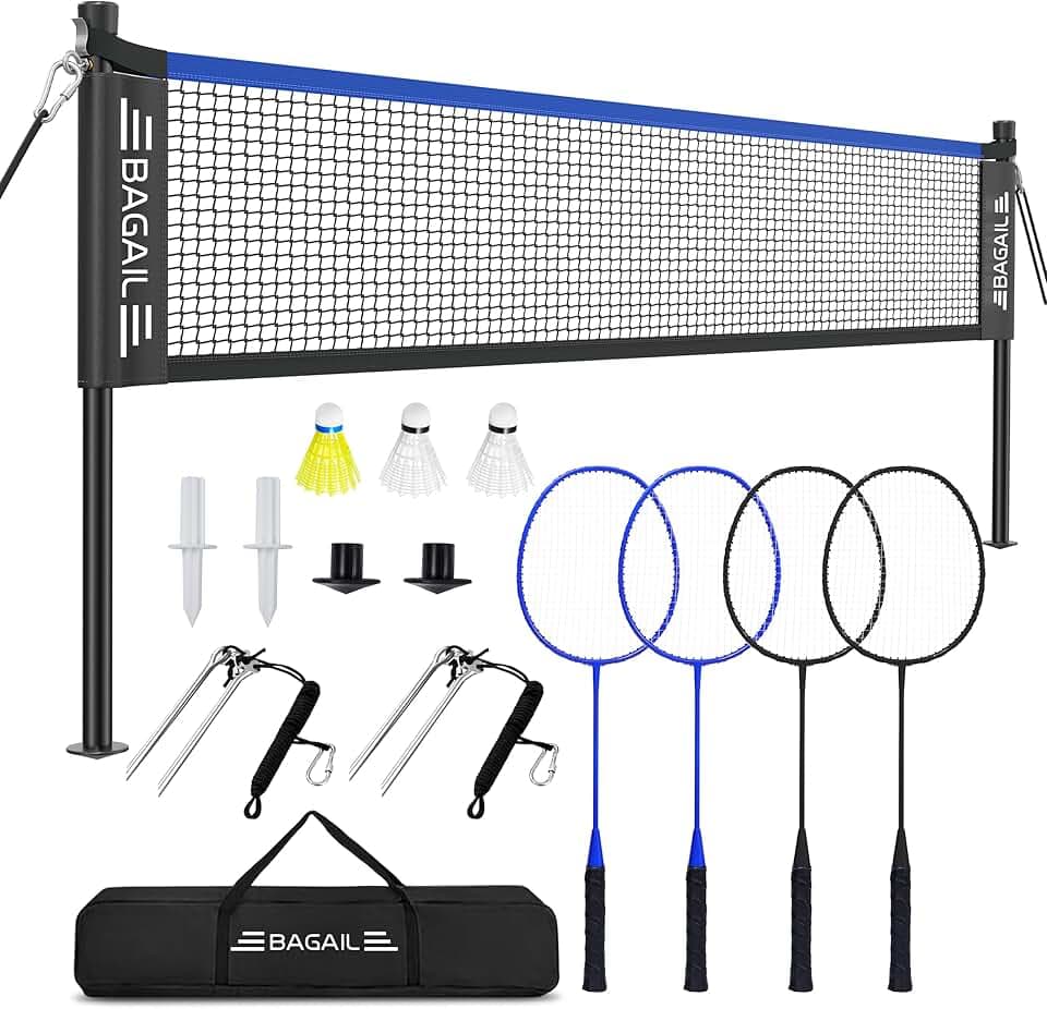 BAGAIL Set di reti da Badminton per esterni-Dimensioni 20ft x 5ft, 4 Racchette, 3 palline da Badminton, rete in PE resistente e borsa per il trasporto per il cortile, la Spiaggia e Giochi in Famiglia