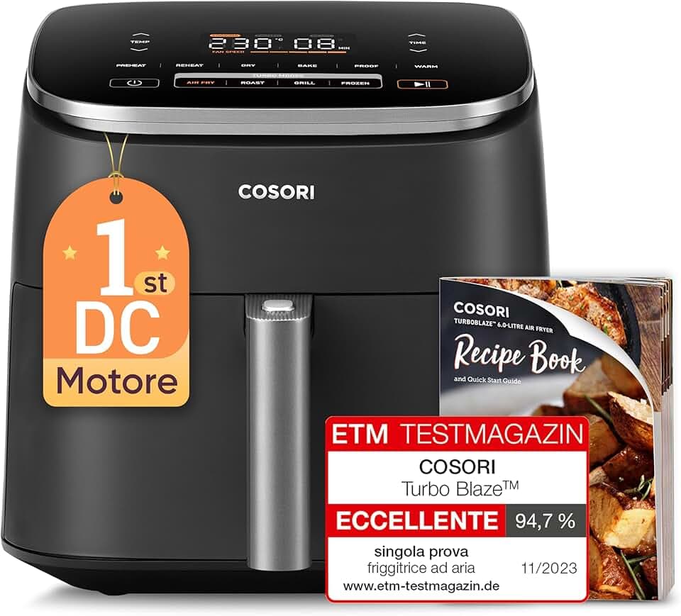 COSORI Friggitrice ad Aria Turbo Blaze 6 Litri, Air Fryer con DC Motore Tecnologia, 9 Funzioni & 5 Velocità della Ventola Automatica, 110 Ricette & 96 Tabelle di Cottura degli Ingredienti, 1725W