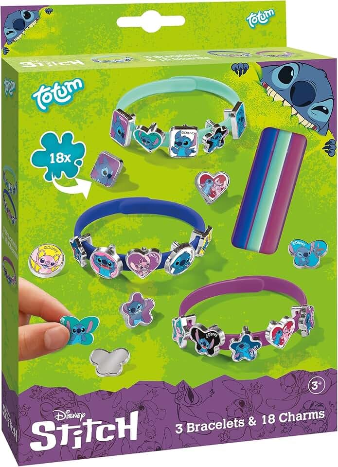 Stitch - Set di 18 ciondoli per bambini | Braccialetti con charm in giallo, blu e rosso per creare il proprio fai da te – Divertimento unico con simpatici motivi a punta, 14 cm, Gomma,