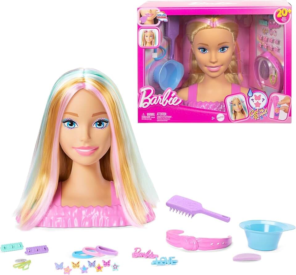 Barbie - Styling Head Deluxe, capelli biondi con oltre 20 accessori per acconciature, fermagli per capelli a stella o farfalla cambia colore, giocattolo per bambini, 3+ anni, JFG81