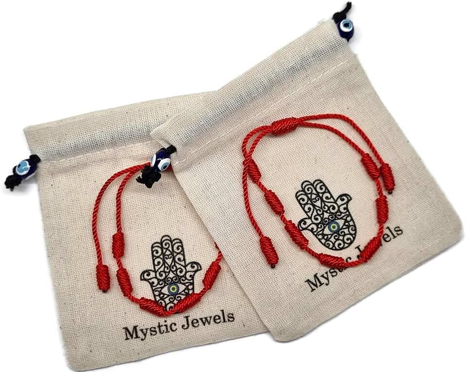 MYSTIC JEWELS By Dalia, braccialetto Cabala, in cordoncino di filo rosso, con 7 nodi, unisex, regolabile, per la protezione contro il malocchio, portafortuna