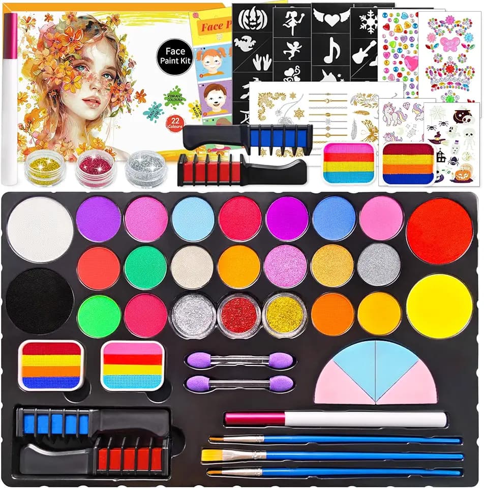 Truccabimbi Kit - 22 Colori Trucco Viso Bambini con 4 Colori Grandi e Adesivo per Tatuaggi, Truccabimbi kit Anallergici Atossici Body Painting per Halloween Carnevale Cosplay Natale