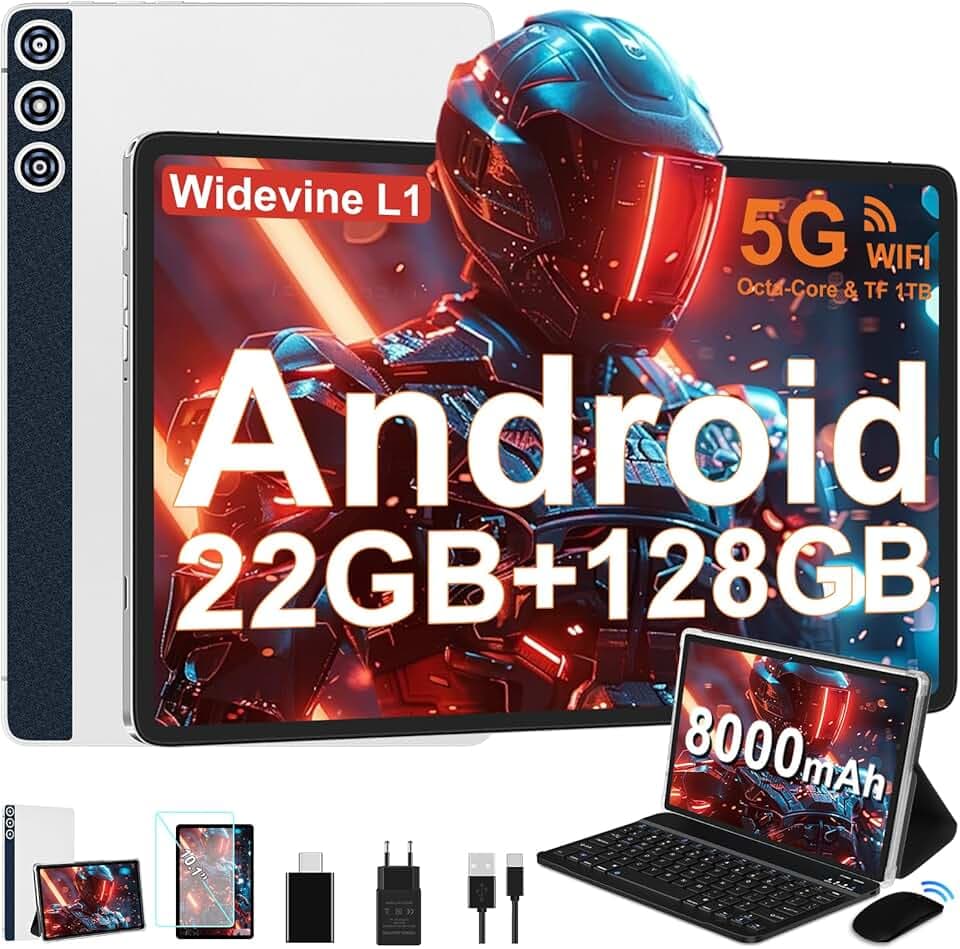 Tablet Android 14 con 22GB RAM+128GB ROM(1TB TF, Tablet 10 Pollici con Widevine L1, Octa-Core 2.0GHZ, 5G Wi-Fi, GPS, 8000mAh, 8MP+5MP, Bluetooth 5.0, USB-C,Tastiera, Argento