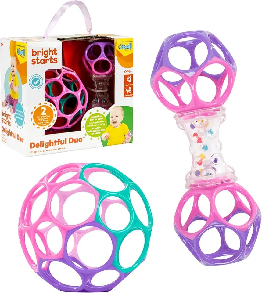 Bright Starts Delightful Duo Set Regalo 2 Pezzi con Sonagli Oball Facili da Afferrare, Giocattoli Neonato, Rosa