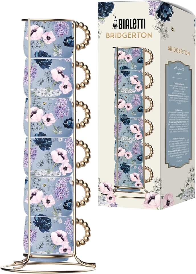 Bialetti Set 6 Tazzine Impilabili Bridgerton, Porcellana, No Lavastoviglie, No Microonde, 60ml