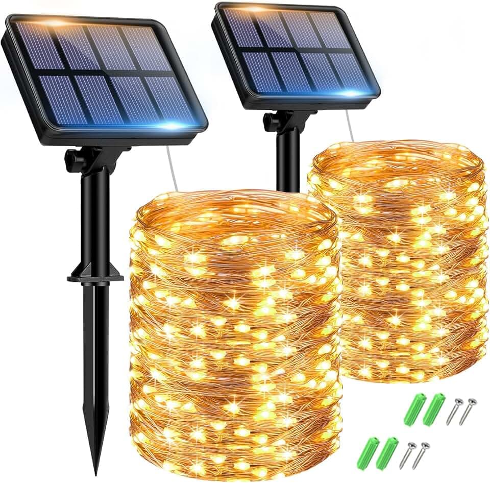 btfarm 2 Pacchi Luci Solari Esterno, 15+2M 150LED Catena Luminosa Esterno Solare, 8 Modalità Impermeabili Filo di Rame Led Lucine Esterno Energia Solare Decorative Per Giardino Albero Patio Natale