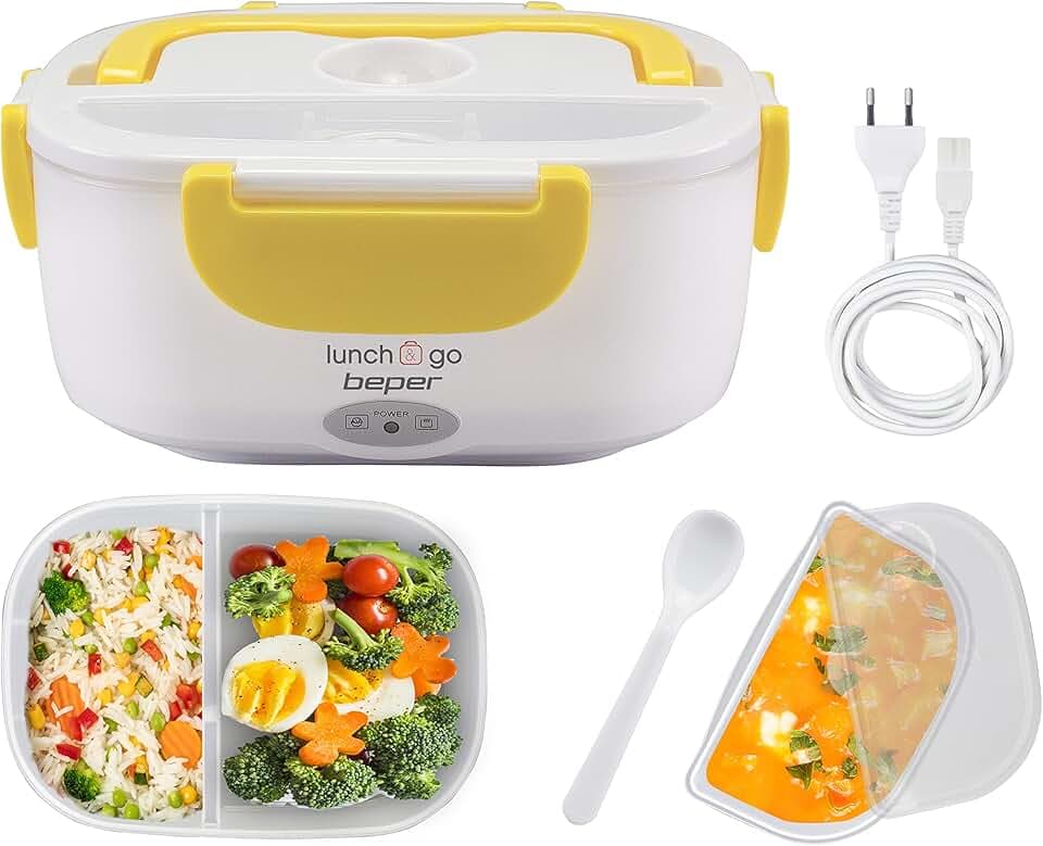 BEPER 90.920G Lunch & Go Scaldavivande Elettrico Portatile con 2 Contenitori Removibili e Posate Incluse, 220V, Giallo
