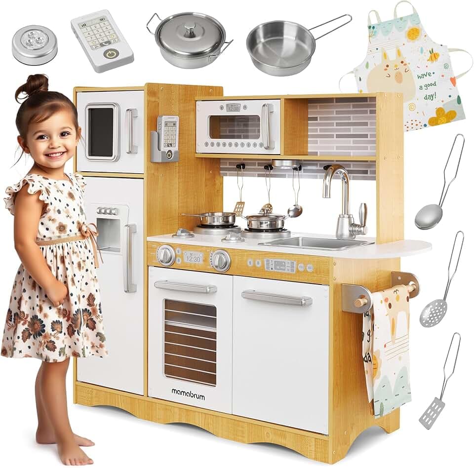 Mamabrum Cucina Giocattolo per Bambini in Legno con Luci LED - Cucina Educativa con Forno, Microonde e Accessori - Set da Gioco con Piano Cottura, Frigorifero e Utensili - 93x30x82cm - Naturale
