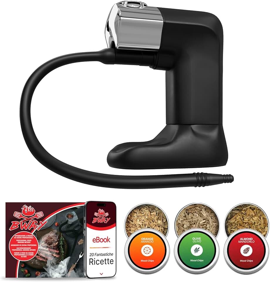 BWAY Affumicatore da Cucina Professionale - Affumicatore a Freddo con Omaggio 3 Aromi di Trucioli per Affumicatura - Smoking Gun per Whisky con Incluso eBook 20 Ricette