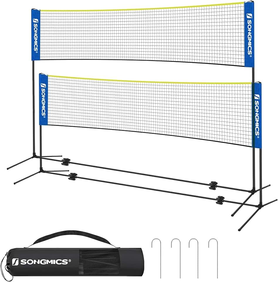 SONGMICS Rete da badminton da 3 m, rete da pallavolo, altezza pali regolabili, set portatile per tennis