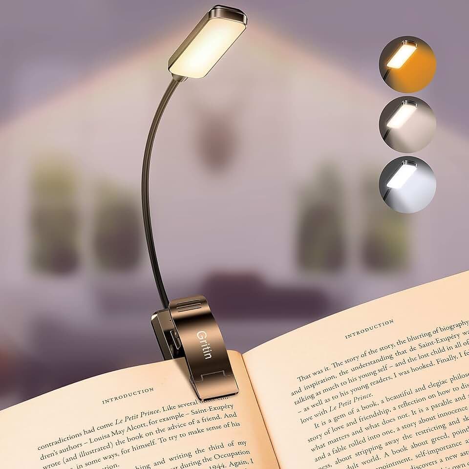 Gritin 9 LED Luce per Lettura Libri a Letto con Clip, Ricaricabile Lampada Luce da Lettura per Libro,3 Temperatura Colore &Regolazione Continua, Protezione Occhi, Ideale per Lampada Libro per Notturna