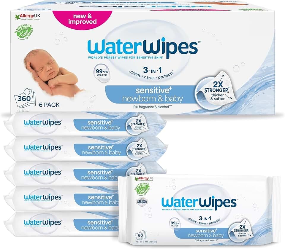 WaterWipes Sensitive+ Newborn & Baby Wipes, Salviettine per Neonati e Bambini, 360 Pezzi (6 Confezioni), Deterge, Cura, Protegge, 99,9% Acqua, Senza Profumo