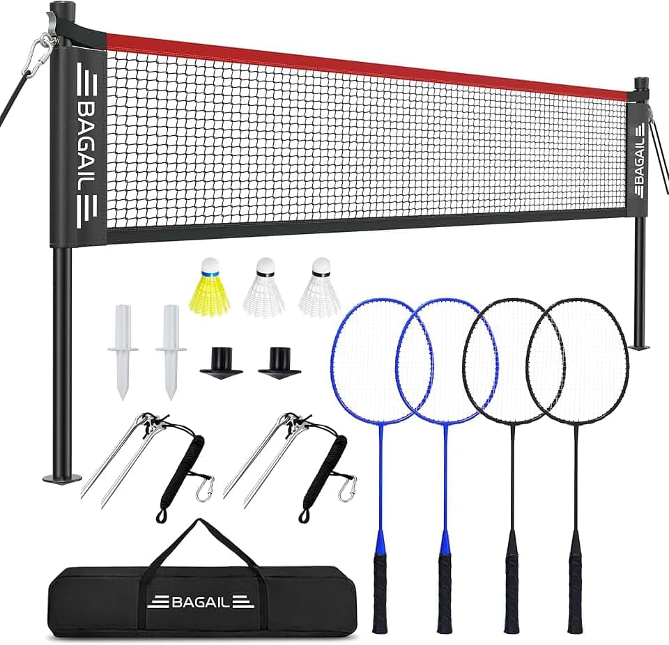 BAGAIL Set di reti da Badminton per esterni-Dimensioni 20ft x 5ft, 4 Racchette, 3 palline da Badminton, rete in PE resistente e borsa per il trasporto per il cortile, la Spiaggia e Giochi in Famiglia