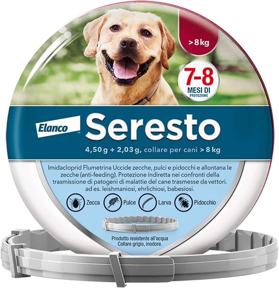 Elanco Seresto Collare antiparassitario, Per cani oltre 8 kg, Elimina pulci, zecche, pidocchi e protegge dal rischio di trasmissione della leishmaniosi fino a 8 mesi, 1 collare