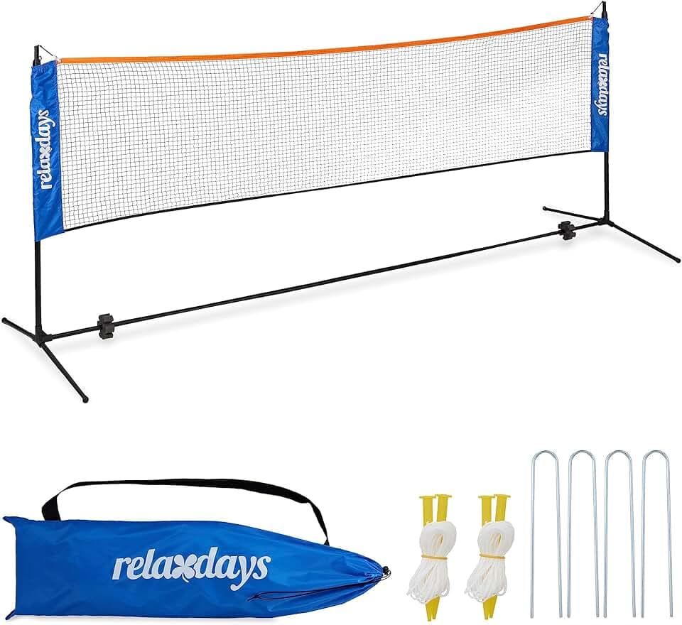 Relaxdays Rete da Badminton, Regolabile in Altezza fino a 225 cm, Campo Beach Volley Portatile, con Custodia, Nero Blu