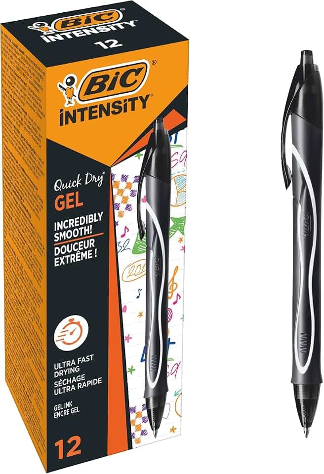 BIC Intensity Quick Dry, Penne Gel Nere, Punta Media 0,7mm, Inchiostro Scorrevole e Asciugatura Ultra-Rapida, 12 Unità, Penne Bic Nere, Cancelleria Scuola e Ufficio