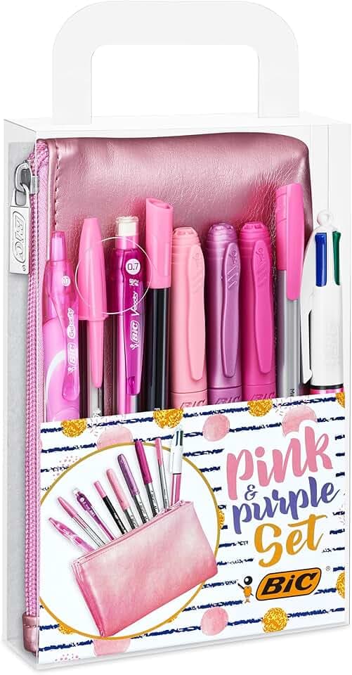 BIC Pink & Purple, Set Con Astuccio, 2 Penne A Sfera, 1 Penna Gel Cancellabile, 1 Pennarello Punta Fine, 1 Matita in Grafite, 1 Fineliner punta media, 3 Pennarelli Indelebili, Kit Scrittura, 10 Unità