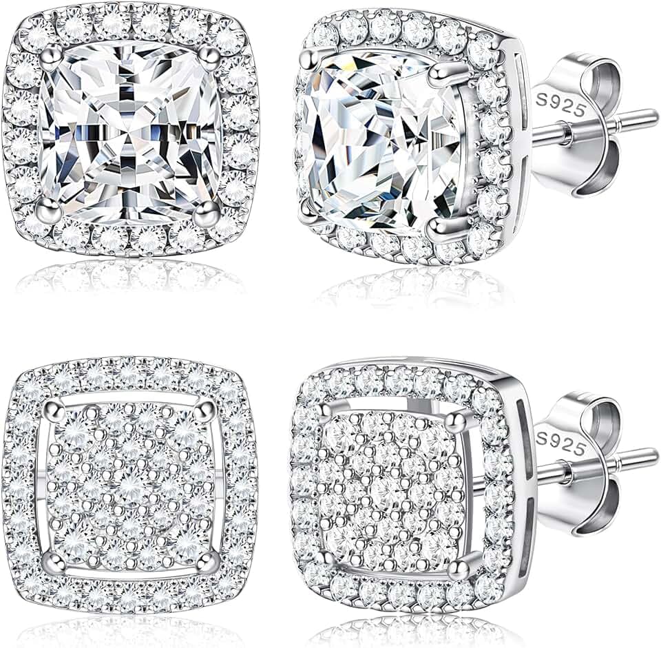 Dochais 2 Paia di orecchini donna uomo argento 925 Placcato Oro 14K orecchini diamante anallergici zirconi cubici rotondi quadrati imitazione diamante per donna uomo