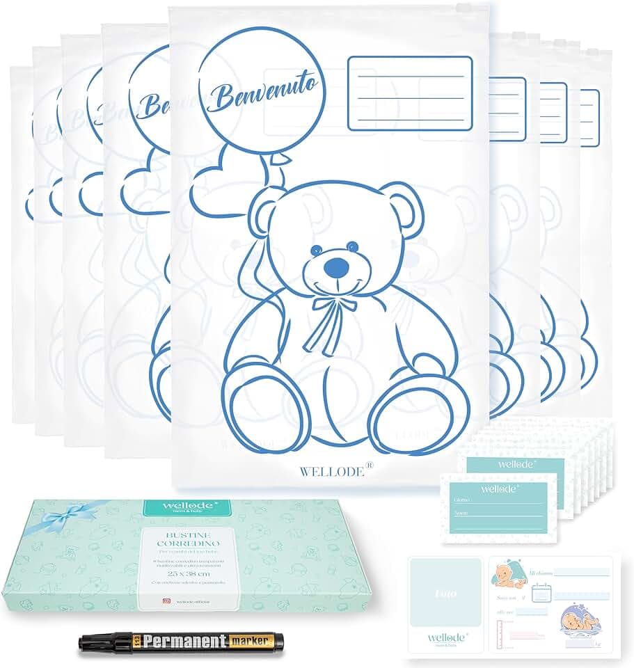 8 Bustine Corredino Neonato Ospedale Teddy Bear con Pennarello - Sacchetti Cambio Neonato Riutilizzabili per Asilo e Viaggi - Idea Regalo Nascita Baby Shower e Lista Nascita Bebè