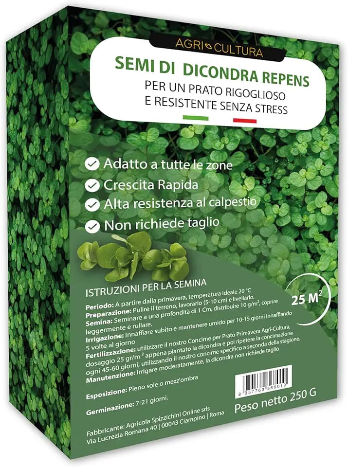 AGRI-CULTURA® | Dicondra Semi 25 m² | Prato Senza Manutenzione, Alta Resistenza alla Siccità e al Calpestio | Semi di Dichondra Repens Adatti a Zone Ombreggiate e di Sole.
