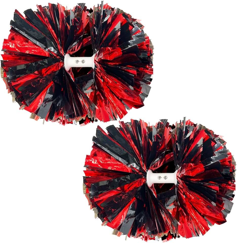 2 pompon da cheerleader neri e rossi con manico a bacchetta, 30,5 cm, pompon metallizzati, per ragazze, adulti, bambini, cheerleader, per scuola, sport di squadra, balli di laurea