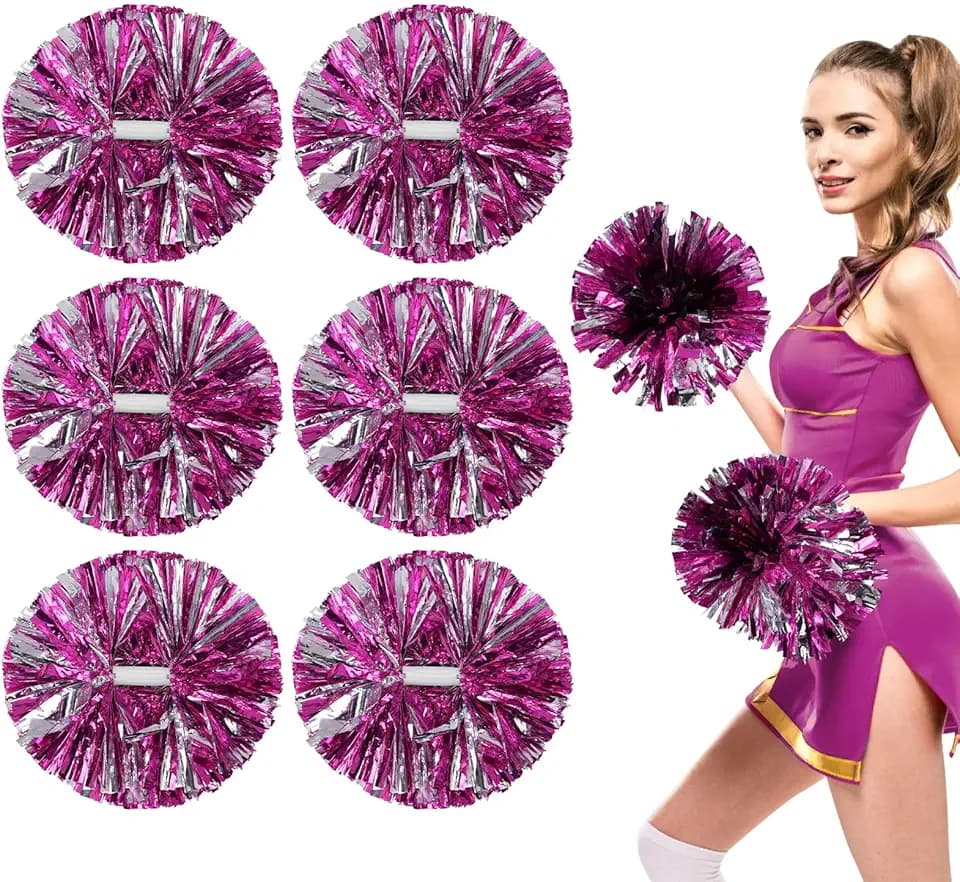 6PZ Cheerleading Poms con Maniglia Doppio End Shiny Cheer Poms per Le celebrazioni di Danza del Partito del Gioco di Sport (Rosso Rosa)