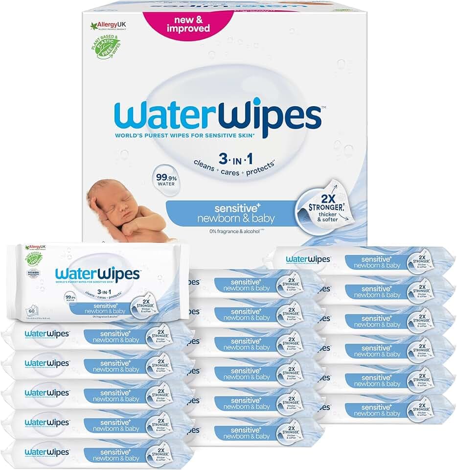 WaterWipes Sensitive+ Newborn & Baby Wipes, Salviettine per Neonati e Bambini, 720 Pezzi (12 Confezioni), Deterge, Cura, Protegge, 99,9% Acqua, Senza Profumo