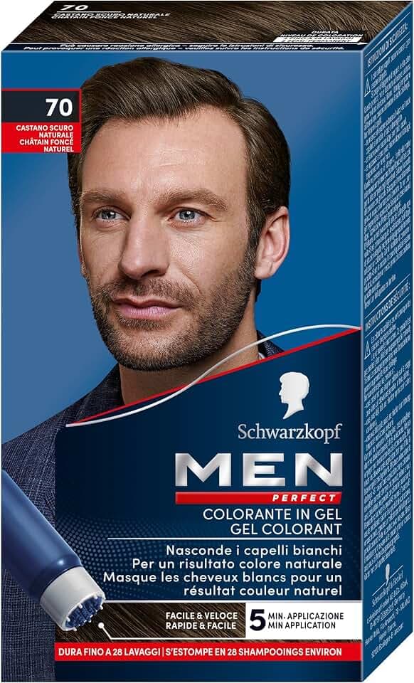 Schwarzkopf, Men Perfect, Tinta Colorante in Gel, Copertura dei Capelli Bianchi, Risultato Effetto Naturale, Dura Fino a 28 Shampoo, Tonalità 70 Castano Scuro Naturale