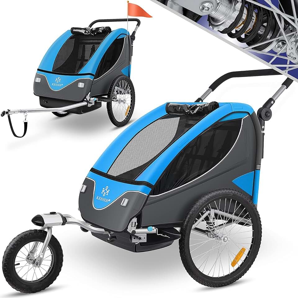 KESSER® Rimorchio per Bambini, ruotabile a 360°, con Sospensioni, 2in1 - Funzione Jogger/Rimorchio, Cintura a 5 punti, per 1 o 2 Bambini/max. 40kg