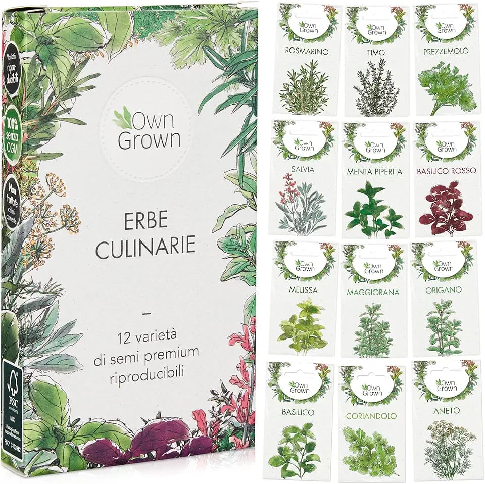 OwnGrown Set di Semi di Erbe - 12 Varietà di Erbe per Giardino e Cucina - Prezzemolo, Erbe di Provenza, Coriandolo, Aneto - Semi Piantare per Aromi Freschi - Amanti Giardinaggio