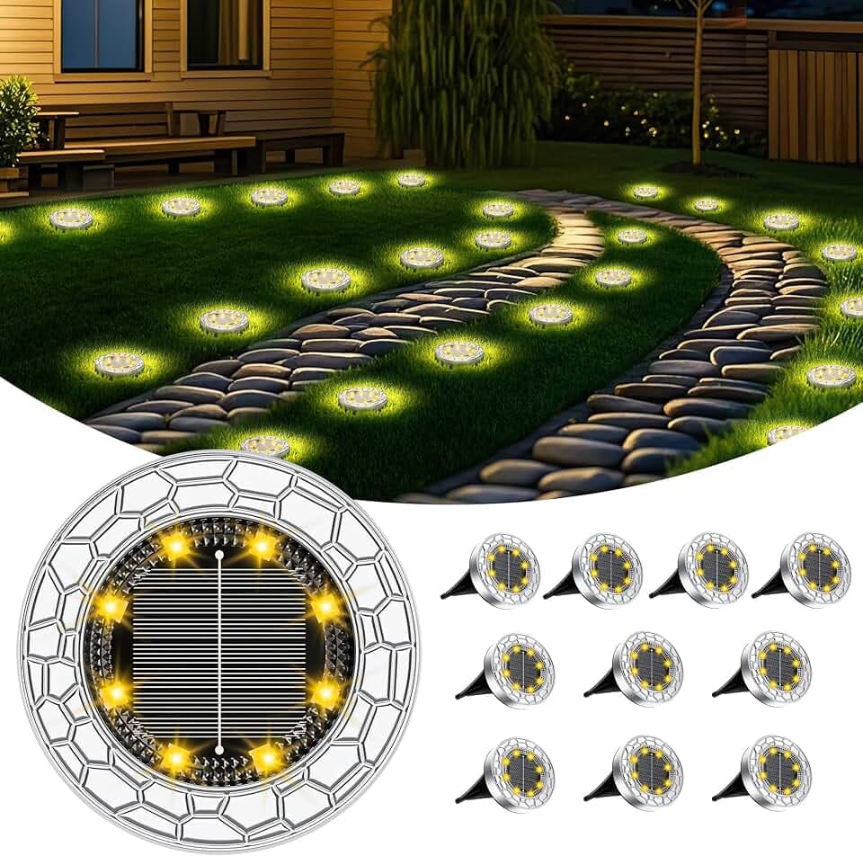 10 pezzi Luci Solari da Giardino, 8 LED Lampade Solare da Terra, Acciaio Inossidabile Bianco Caldo Faretti Sepolta Solari a Led da Esterno, per Prato, Vialetto, Marciapiede, Patio