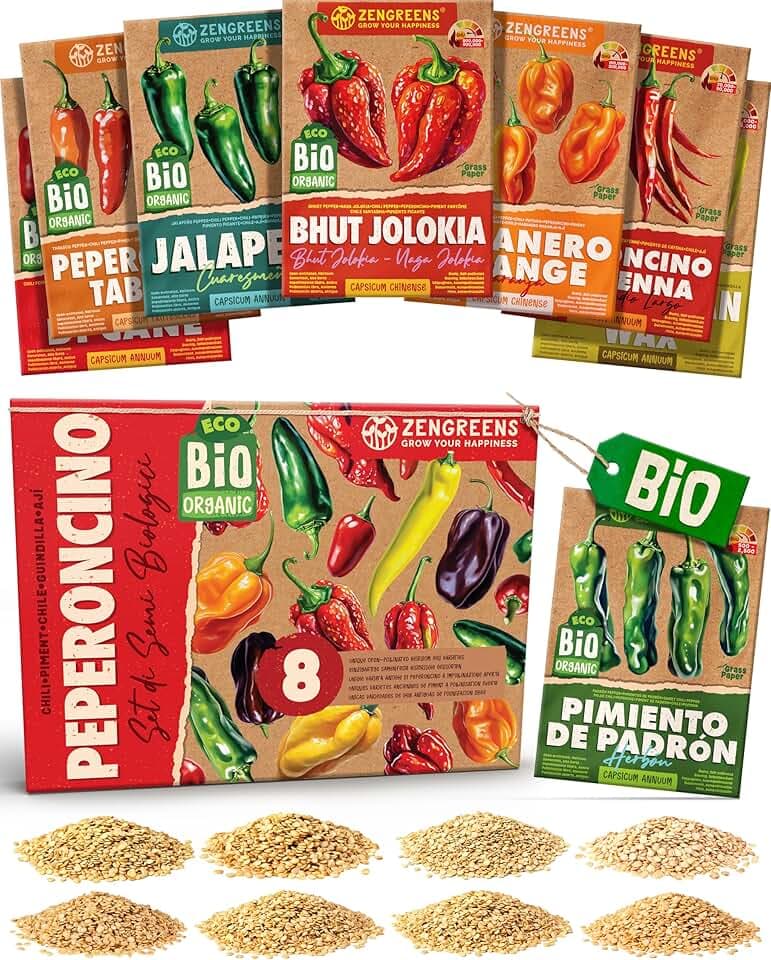 Set di Semi di Peperoncino bio (8 pezzi) - 8 Semi di Peperoncino per Coltivazione Facile in Giardino, Balcone o Serra - Semi da Piantare - Sementi