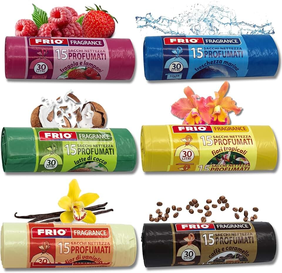 FRIO Multifrutti - 90 Sacchetti spazzatura 30 Litri Profumati, 6 Confezioni da 15 Sacchi immondizia con 6 aromi e colori assortiti - 52x58 cm - Buste per pattumiera resistenti, piccoli, differenziata