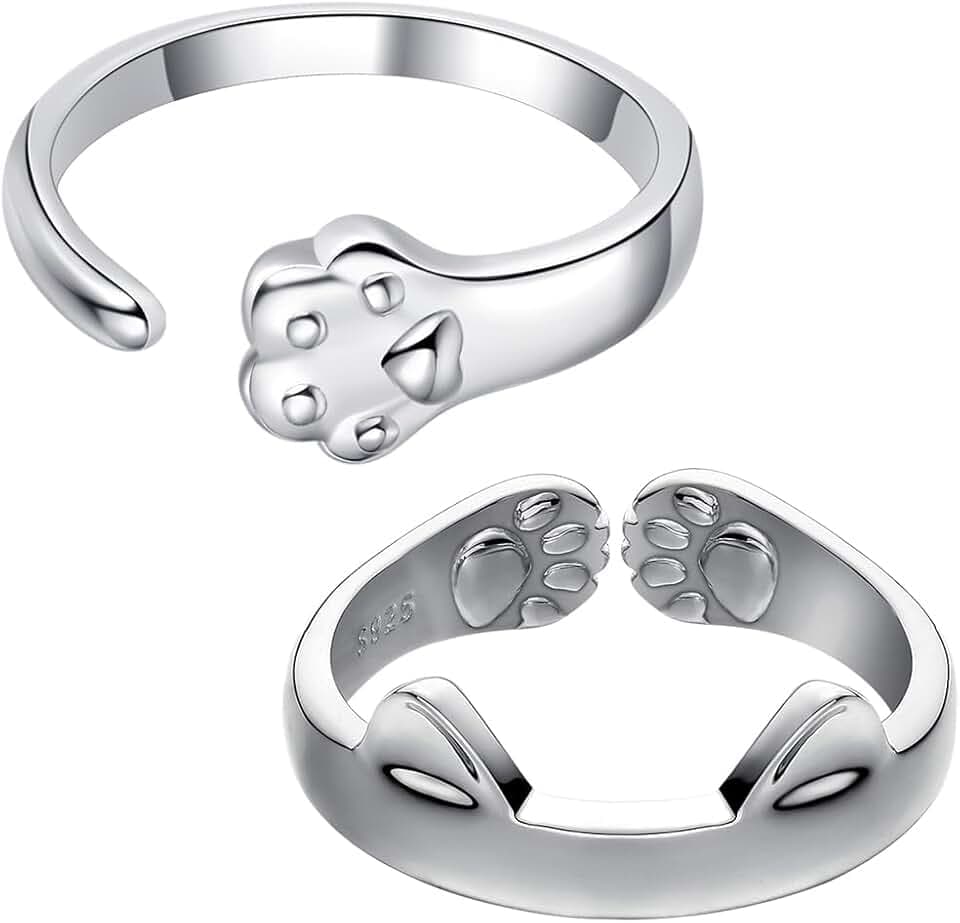 OGLYMRA 2 PCS Anello Regolabile, Anelli bambina, Anello gatto, Carino Gatto Argento 925 Animale Aperto Anello Impilabile Anelli Gioielli Regalo di Compleanno per Donna Ragazze