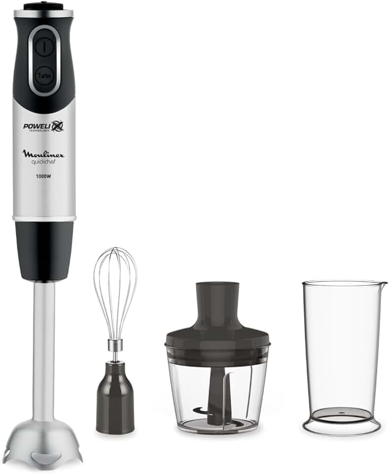 Moulinex DD6558 Quickchef 3in1 Frullatore a Immersione, 1000 W, Mixer con Tecnologia Powelix e 10 Velocità, 3 Accessori, Bicchiere 800 ml, Tritatutto 500 ml e Frusta, Lame in Acciaio Inossidabile