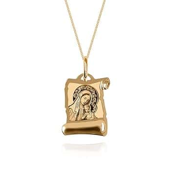 Sakrami Collana da Bambini in Oro 9Kt con Madonna e Gesù Bambino a forma di Pergamena Kids Collection + Confezione Regalo Personalizzata - Collana per Nascita Comunione Battesimo o Cresima