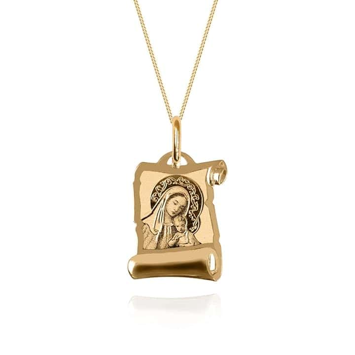 Sakrami Collana da Bambini in Oro 9Kt con Madonna e Gesù Bambino a forma di Pergamena Kids Collection + Confezione Regalo Personalizzata - Collana per Nascita Comunione Battesimo o Cresima