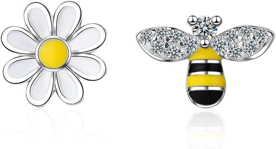 IMINI Orecchini Lobo Asimmetrici Con Fiore Di Margherita a Forma Di Ape Piccola Per Le Donne Ragazze Adolescenti Orecchio Sensibile Moda Cz Animale Carino Piercing Ipoallergenico Gioielli Regali Compleanno