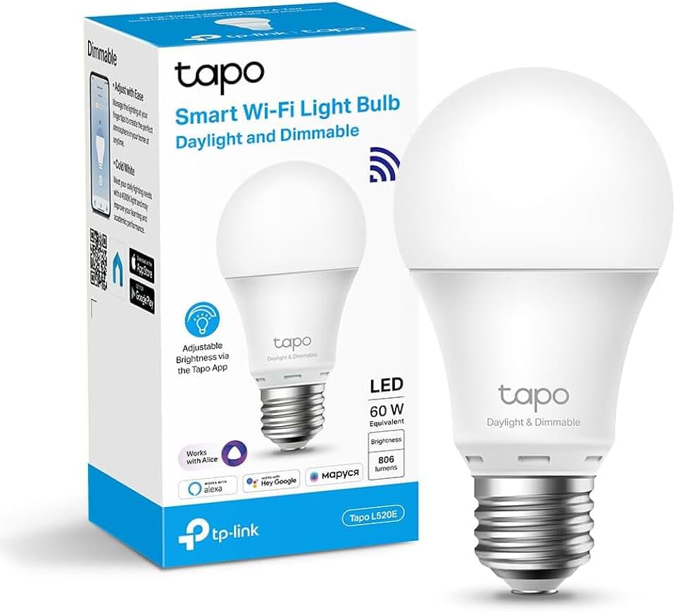 Tapo L520E Lampadina Wi-Fi E27, Monitoraggio Energia, Funziona con Amazon Alexa e Google Home, Luce Diurna e Dimmerabile Dall'1% al 100%, 4000 K, 806 Lumen, 8W, Telecomando con APP, Bianco