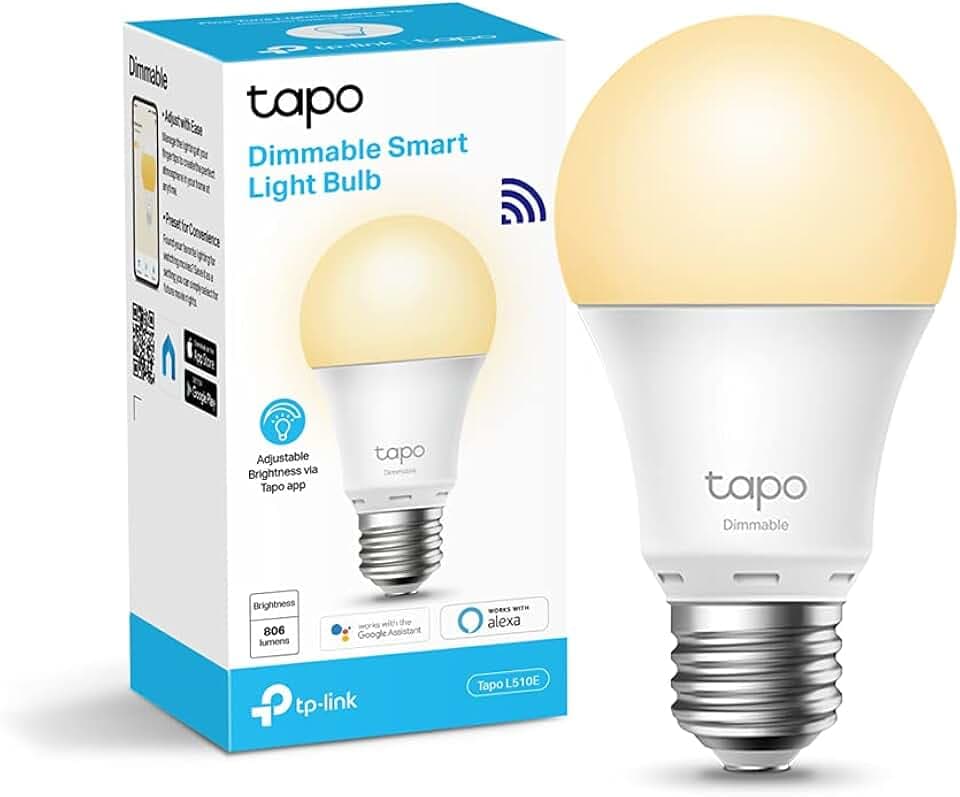 Tapo L510E Lampadina Wi-Fi E27, Funziona con Amazon Alexa e Google Home, 806 lumen, Giallo caldo dimmerabile dall' 1% al 100%, 2700 K, Controllo da remoto, 1 pezzo
