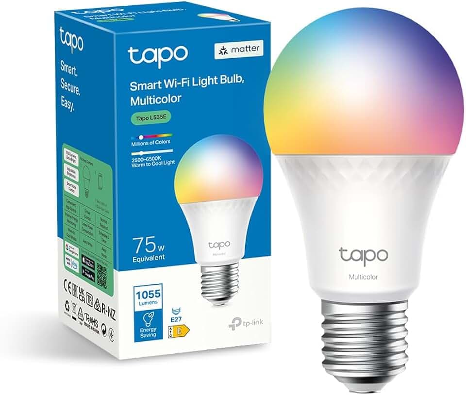 Tapo L535E Matter Lampadina WiFi Intelligente LED Smart Multicolore, E27 Lampadina Compatibile con Alexa e Google Home, 1055 lm, 75W, Monitoraggio Energetico, Controllo Remoto Tramite APP