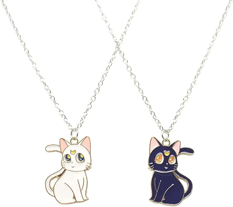 QEQSHQO Collana Dell Amicizia per 2 Bimba, Bff Collane a Catena con Ciondolo Luna, Gatto Nero Bianco Best Friends Forever, Amicizia Gioielli Regali per Bambini Madre Ragazze Amici Sorelle