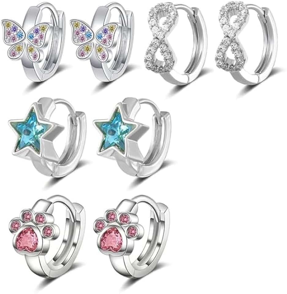 KUBDPQOR Orecchini bambina anallergici piccoli cerchi donna eleganti set 4 paia zirconia colori assortiti argento