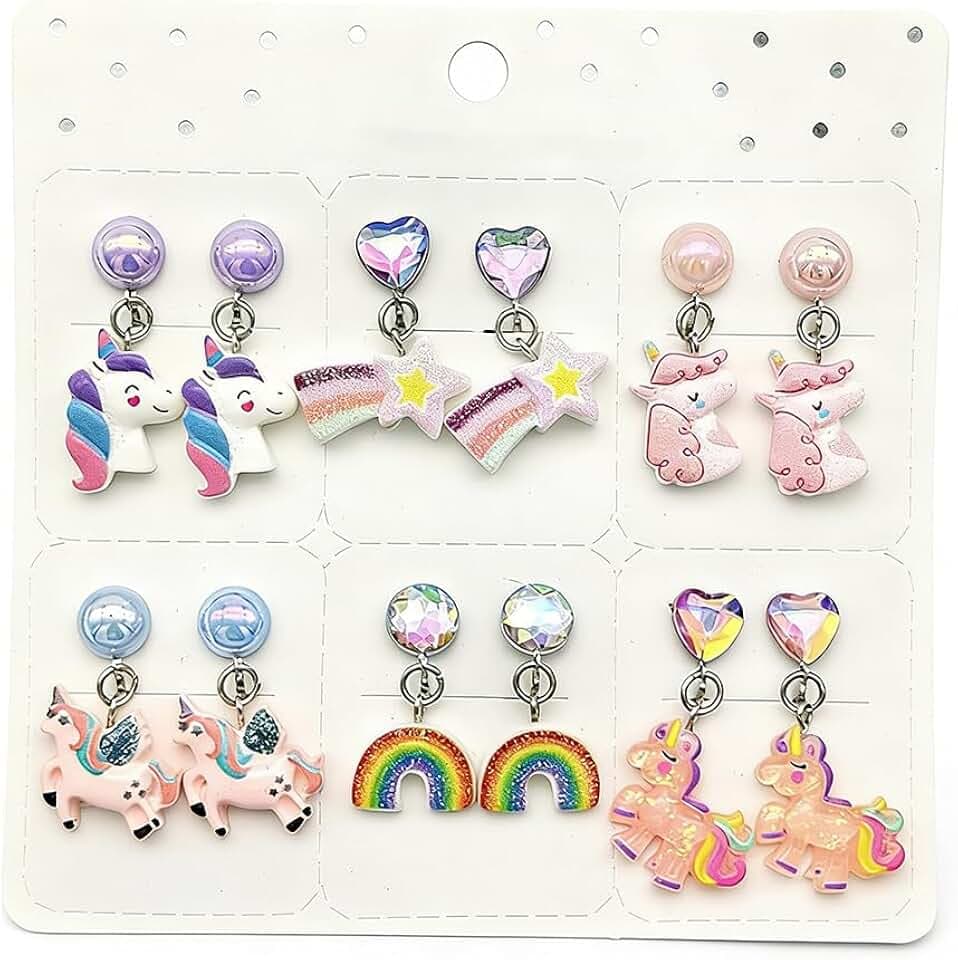 BDEPSTR 6 Paia Orecchini Clip per Bambine - Unicorno & Arcobaleno, Non Piercing & Mignoni, Gioielli Princesse per Feste & Compleanni, Regalo Ideale