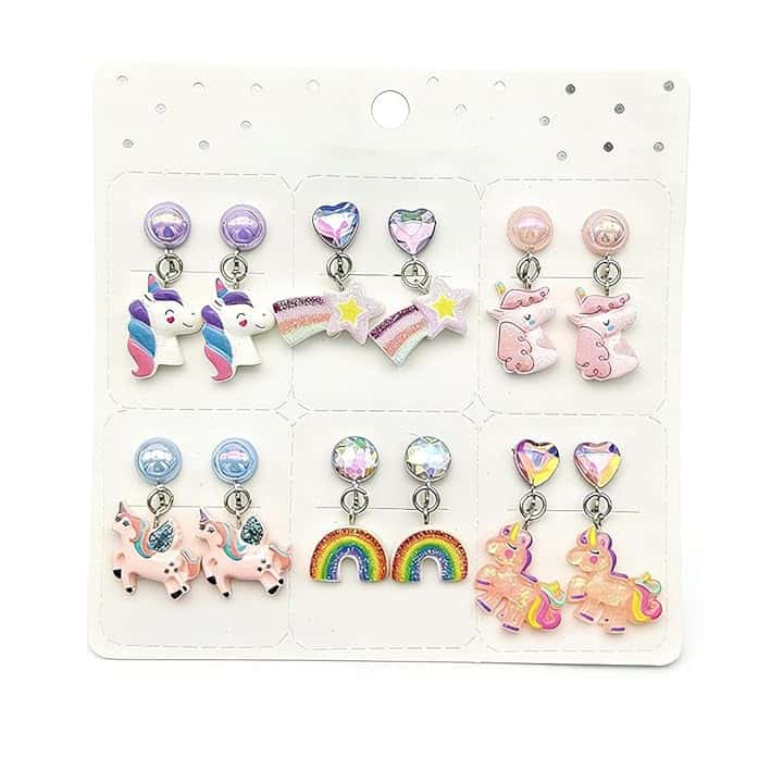 BDEPSTR 6 Paia Orecchini Clip per Bambine - Unicorno & Arcobaleno, Non Piercing & Mignoni, Gioielli Princesse per Feste & Compleanni, Regalo Ideale