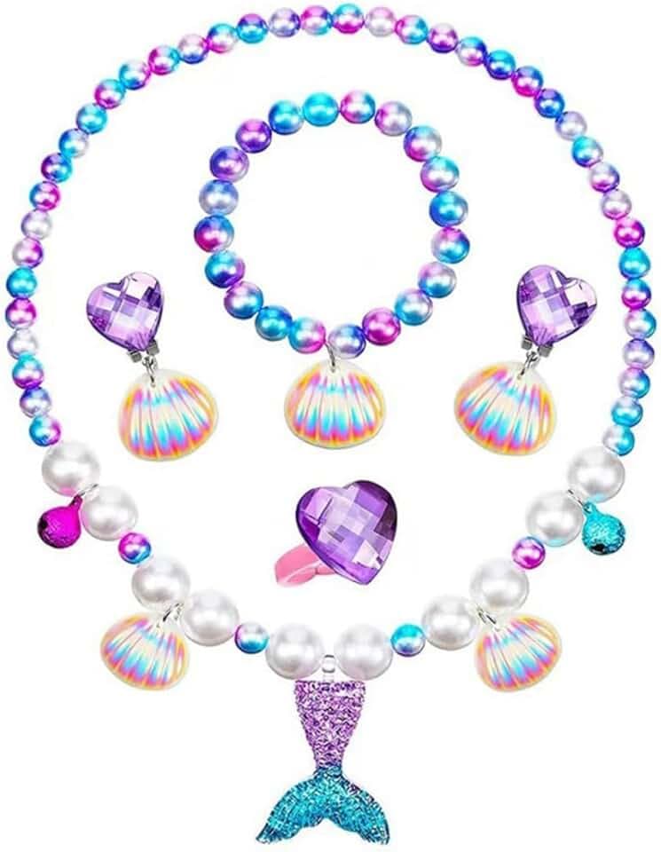 SIRLOMU Set di gioielli da 5 pezzi per bambine, collana, braccialetto, anello, collana a tema sirena per bambine, articoli per feste, accessori per regali di compleanno