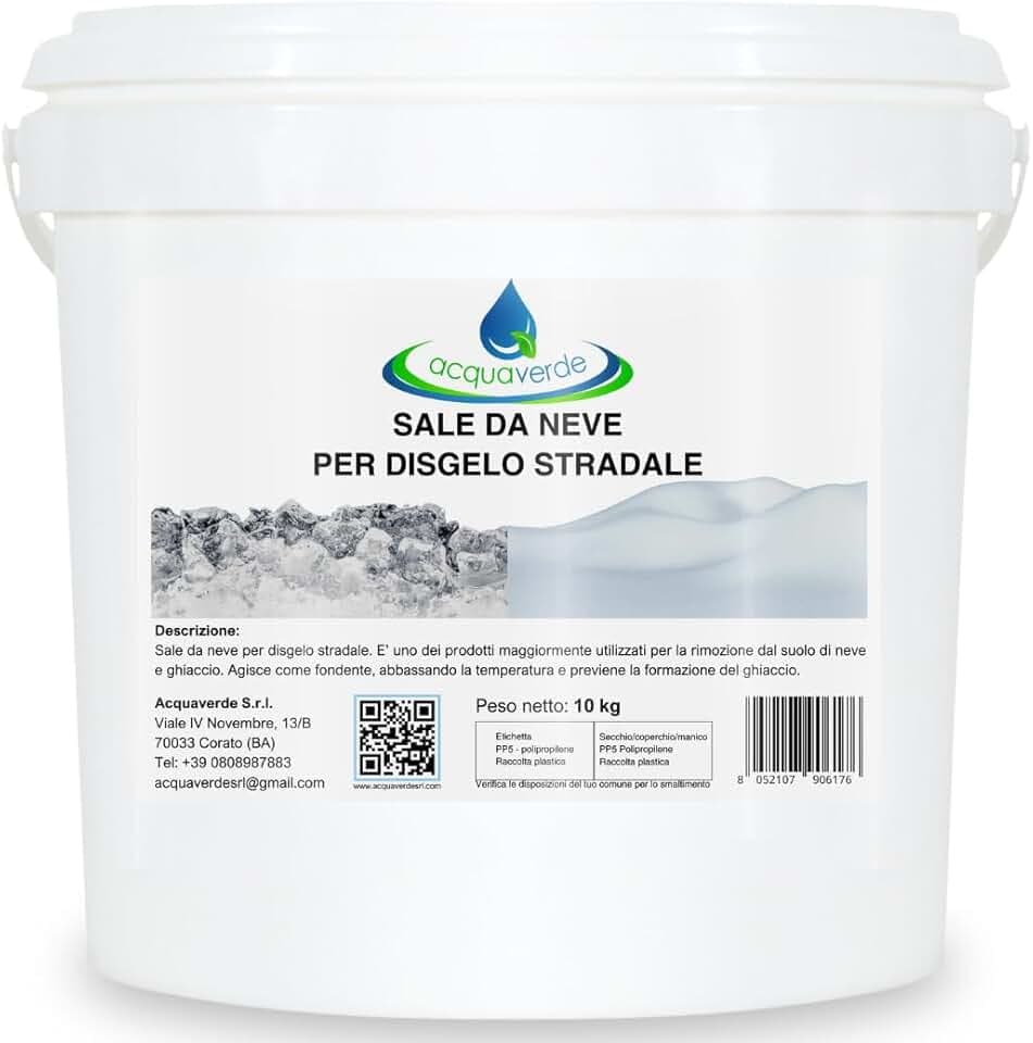 acquaverde | Sale da Neve per Disgelo Stradale, Sciogli Ghiaccio e Neve, Salgemma Naturale Marino Granulare, Antighiaccio, Antineve e Antigelo per Strade - Pratico Secchio da 10 kg