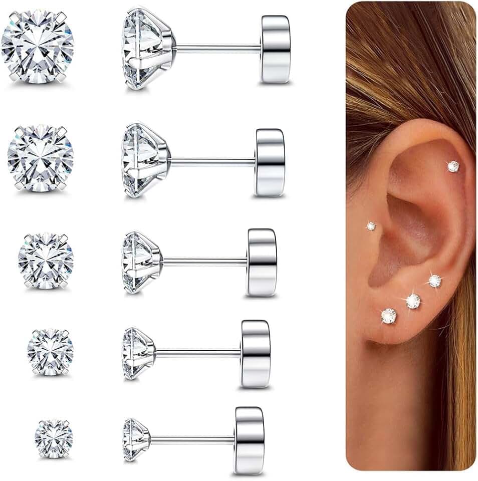 CASSIECA 5Paia Orecchini Acciaio Chirurgico Orecchini Anallergici Donna Argento Oro Piercing Orecchio Acciaio Chirurgico CZ 2-6MM Cartilagine Piercing ClimeCo Certified